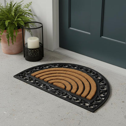 18" X 30" Beige and Black Rubber and Coir Outdoor Semi Circle Door Mat