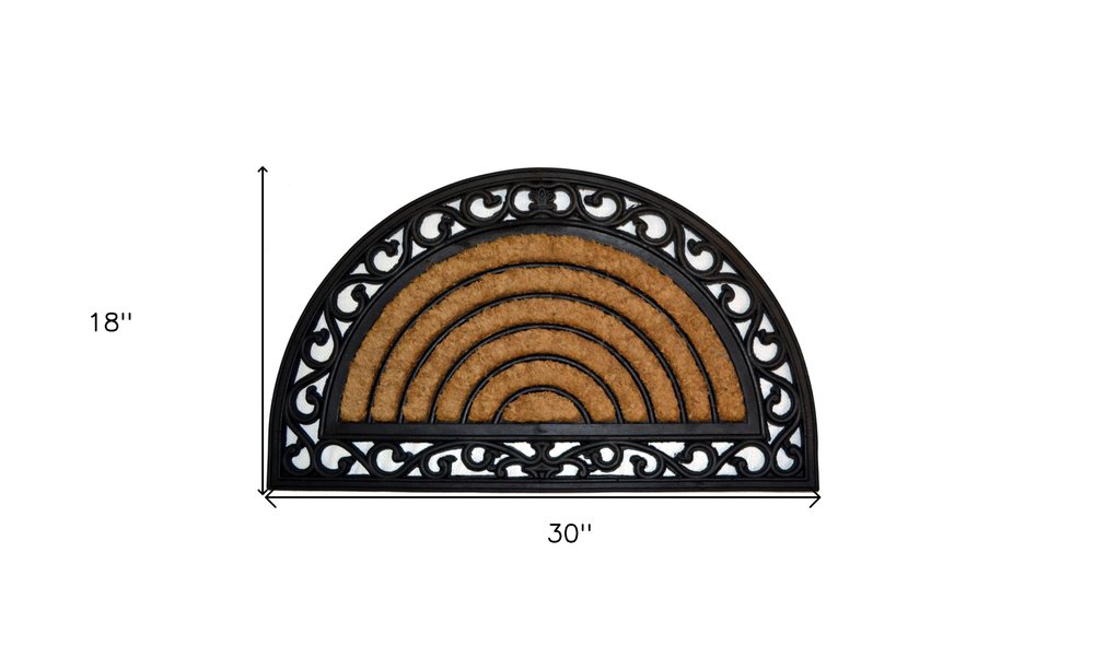 18" X 30" Beige and Black Rubber and Coir Outdoor Semi Circle Door Mat