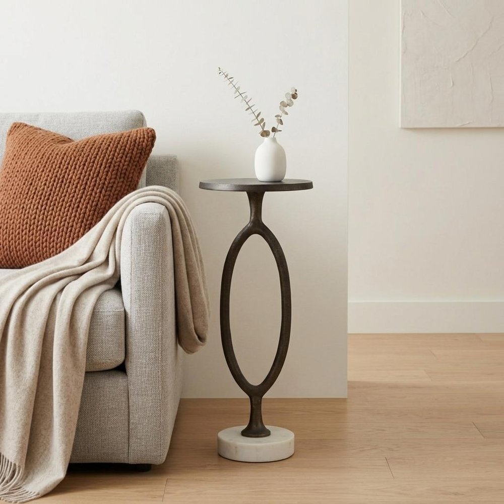 25" Bronze And White Aluminum Round Pedestal End Table