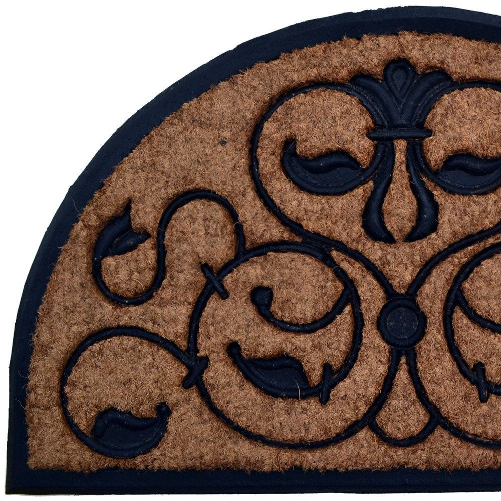 18" X 30" Beige and Black Rubber and Coir Outdoor Semi Circle Door Mat