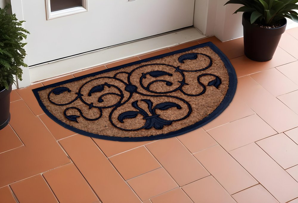 18" X 30" Beige and Black Rubber and Coir Outdoor Semi Circle Door Mat