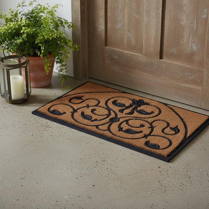 18" X 30" Beige and Black Rubber and Coir Outdoor Semi Circle Door Mat