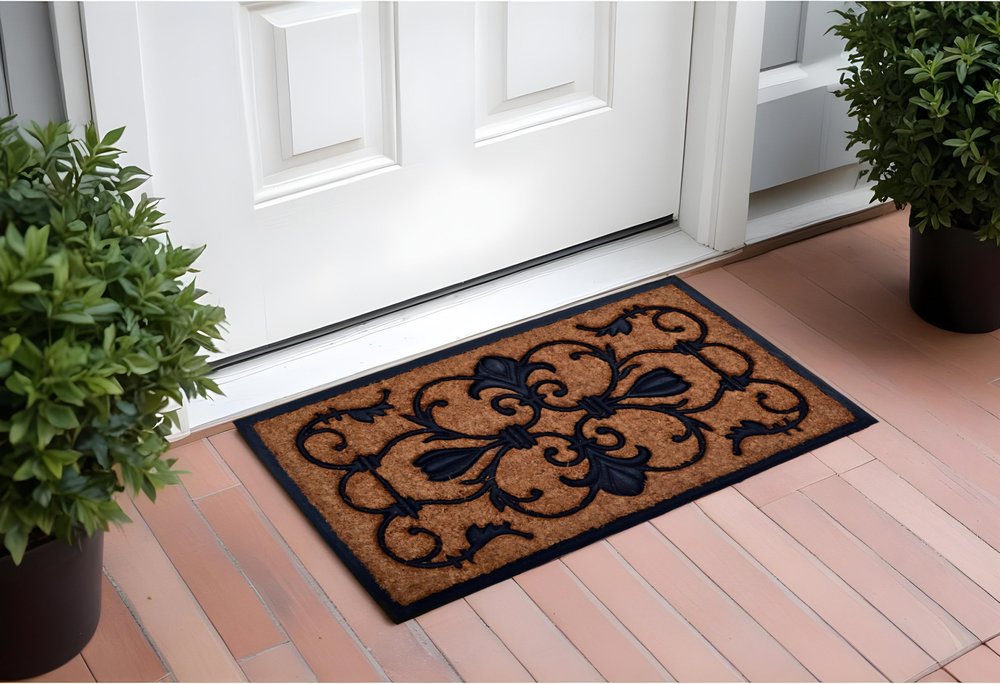 18" X 30" Beige and Black Rubber and Coir Outdoor Door Mat