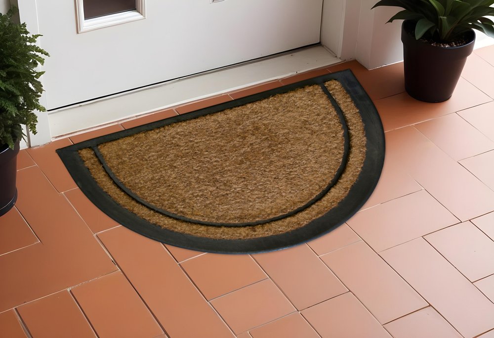 20" X 32" Beige and Black Rubber and Coir Outdoor Semi Circle Door Mat