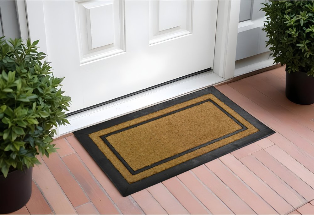 18" X 30" Beige and Black Rubber and Coir Outdoor Door Mat