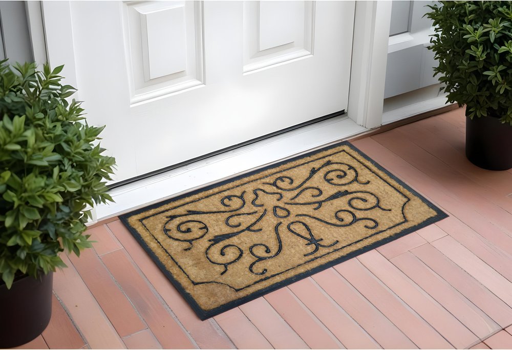 18" X 30" Beige and Black Rubber and Coir Outdoor Door Mat