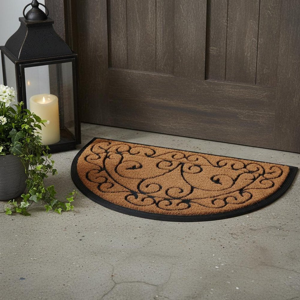 18" X 30" Beige and Black Rubber and Coir Outdoor Semi Circle Door Mat