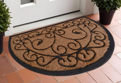 18" X 30" Beige and Black Rubber and Coir Outdoor Semi Circle Door Mat