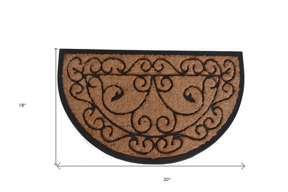 18" X 30" Beige and Black Rubber and Coir Outdoor Semi Circle Door Mat