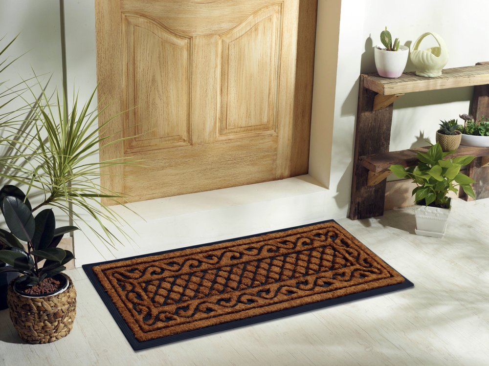 18" X 47" Beige and Black Rubber and Coir Outdoor Door Mat