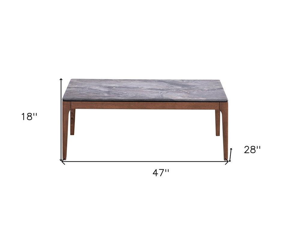 47" Gray and Walnut Stone And Solid Wood Coffee Table