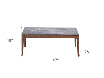 47" Gray and Walnut Stone And Solid Wood Coffee Table