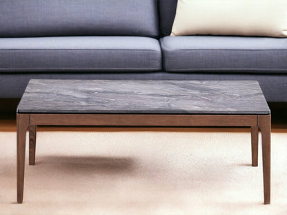 47" Gray and Walnut Stone And Solid Wood Coffee Table