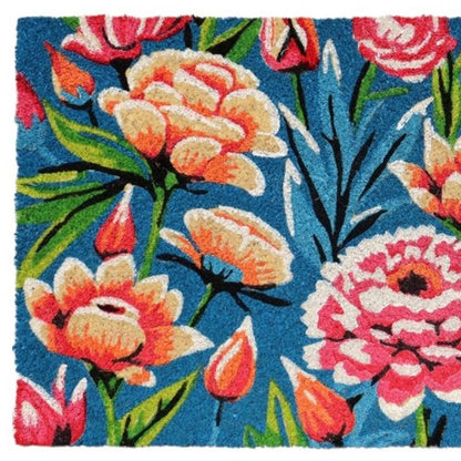 18" X 30" Blue and Pink Coir Floral Outdoor Door Mat