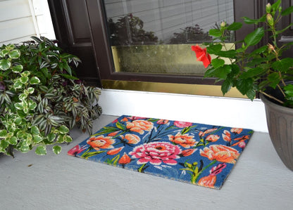 18" X 30" Blue and Pink Coir Floral Outdoor Door Mat