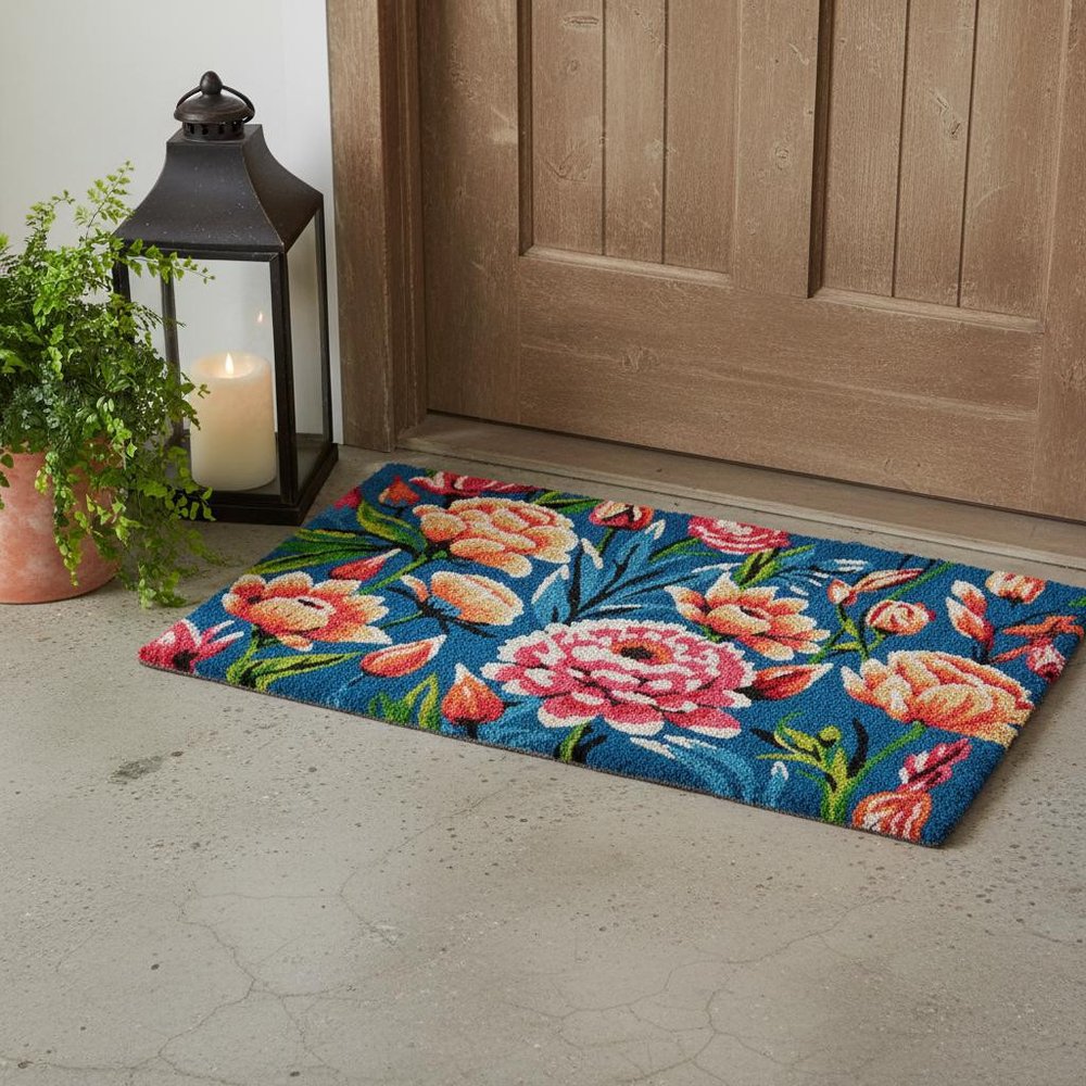 18" X 30" Blue and Pink Coir Floral Outdoor Door Mat