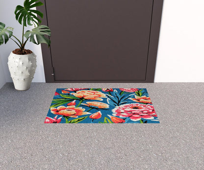 18" X 30" Blue and Pink Coir Floral Outdoor Door Mat