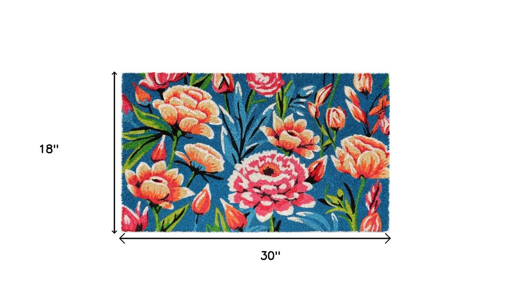 18" X 30" Blue and Pink Coir Floral Outdoor Door Mat