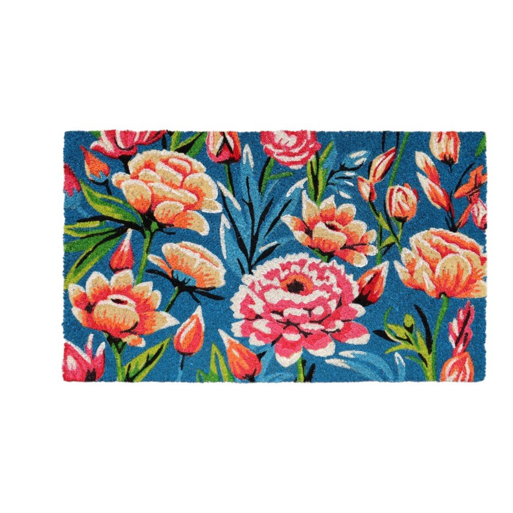 18" X 30" Blue and Pink Coir Floral Outdoor Door Mat
