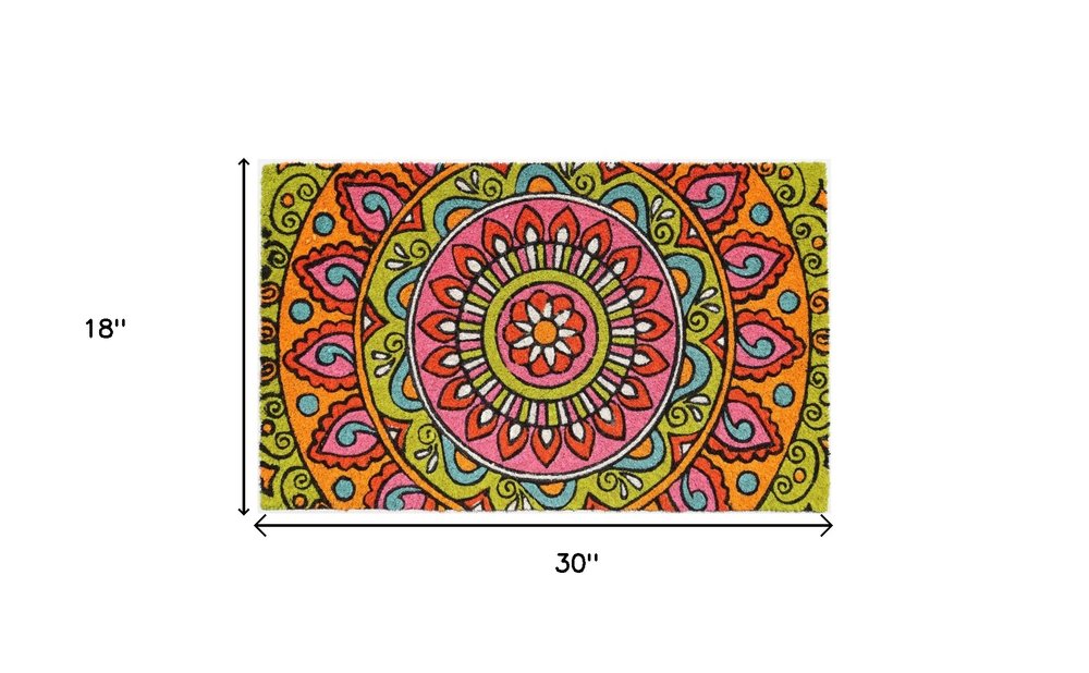 18" X 30" Green and Pink Coir Abstract Outdoor Door Mat