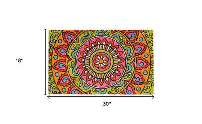 18" X 30" Green and Pink Coir Abstract Outdoor Door Mat