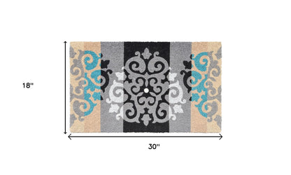 18" X 30" Beige and White Coir Damask Outdoor Door Mat