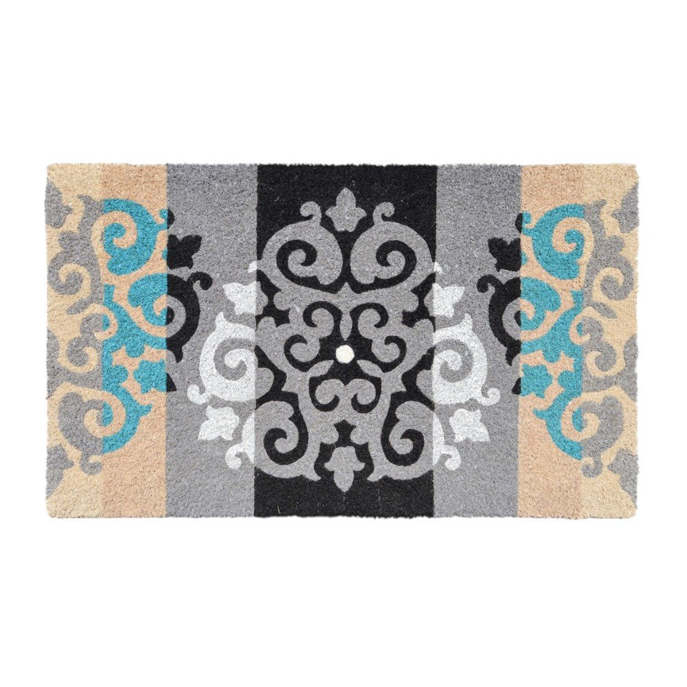18" X 30" Beige and White Coir Damask Outdoor Door Mat