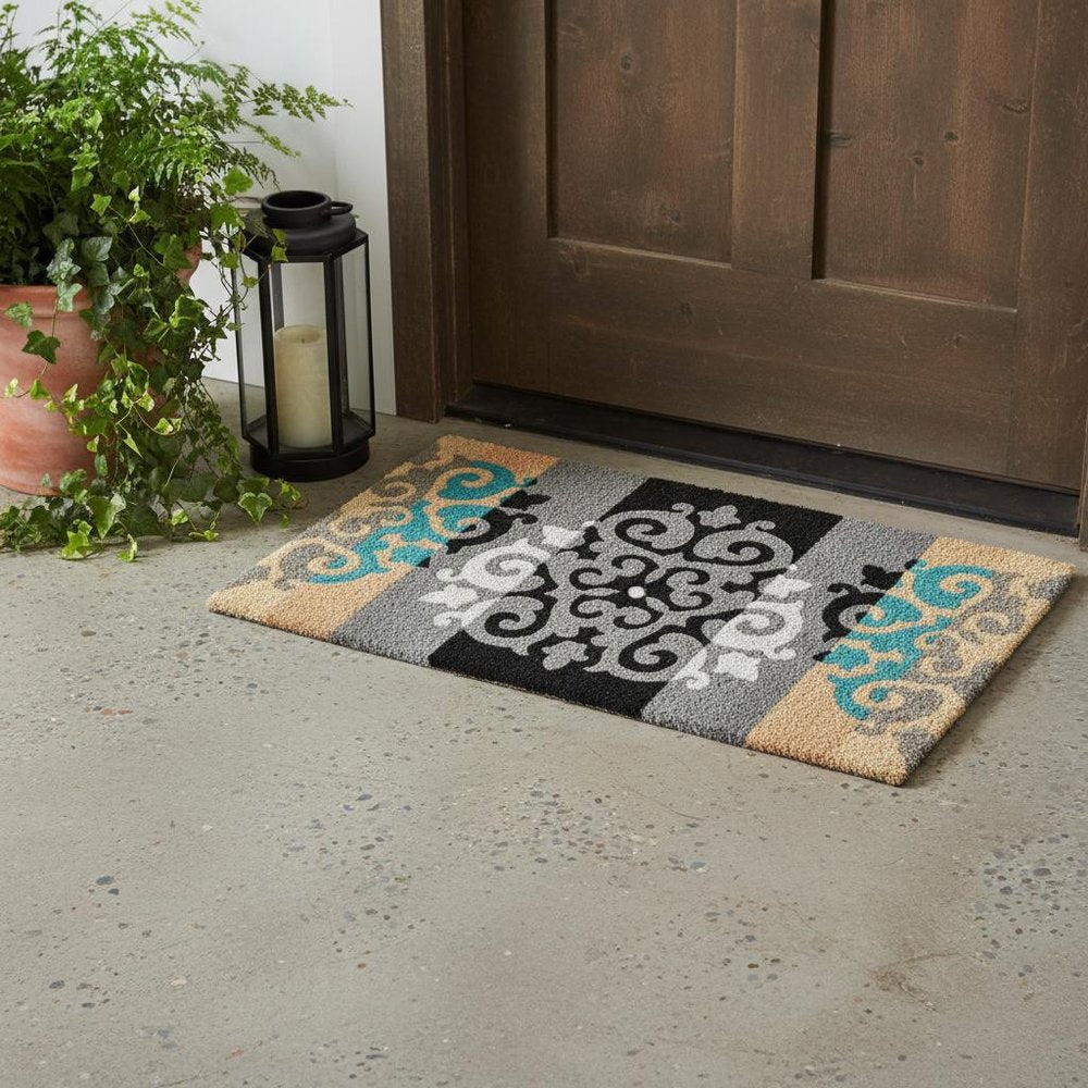 18" X 30" Beige and White Coir Damask Outdoor Door Mat