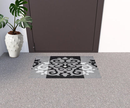18" X 30" Beige and White Coir Damask Outdoor Door Mat