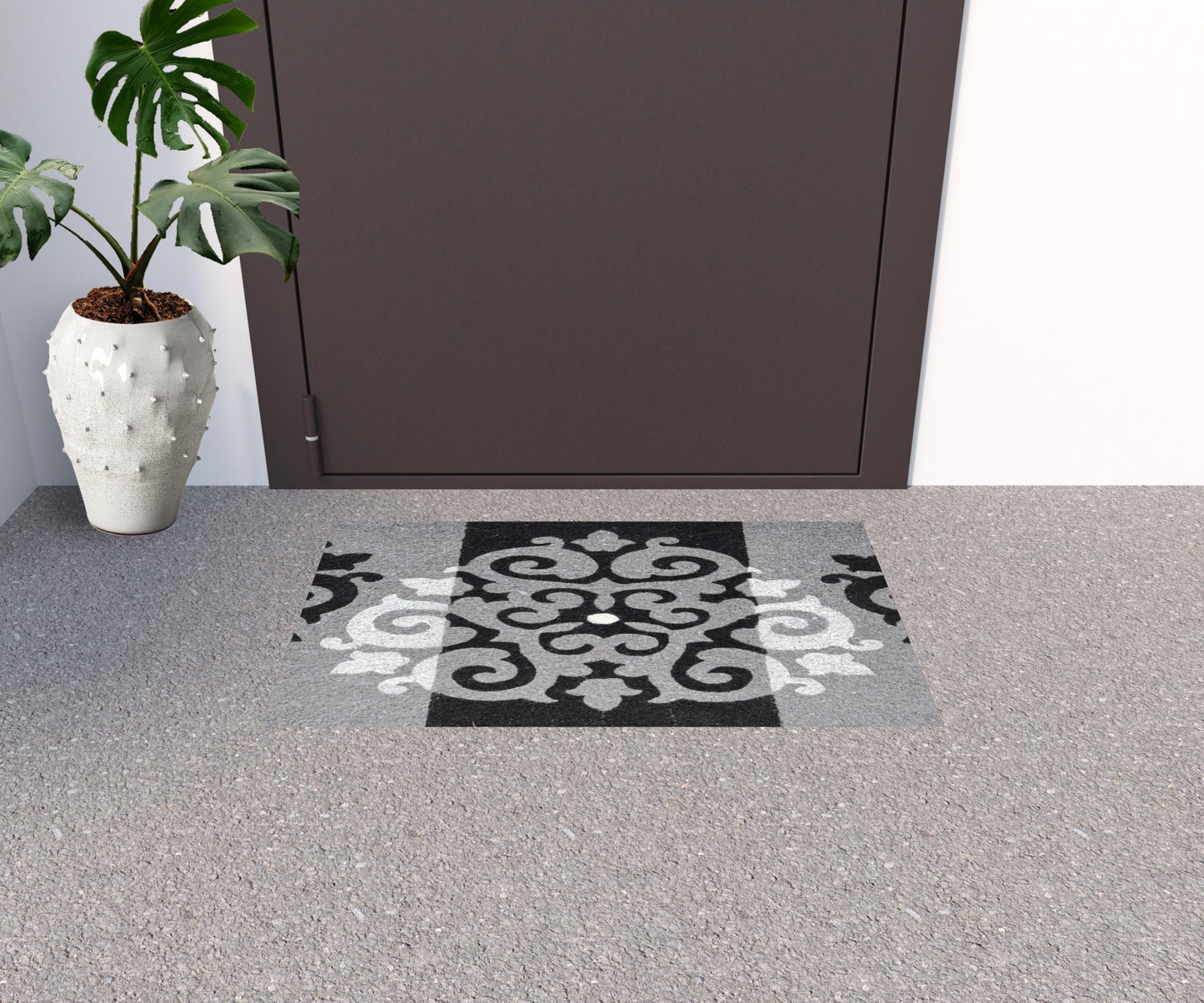 18" X 30" Beige and White Coir Damask Outdoor Door Mat