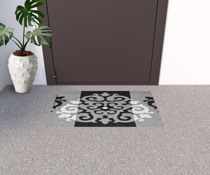 18" X 30" Beige and White Coir Damask Outdoor Door Mat