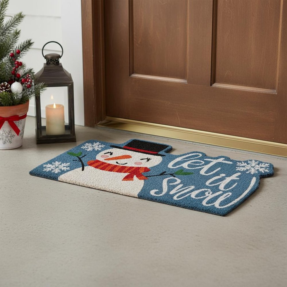 18" X 30" Blue and White Coir Snowman Outdoor Winter Door Mat