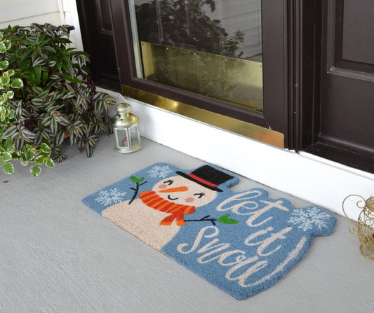 18" X 30" Blue and White Coir Snowman Outdoor Winter Door Mat