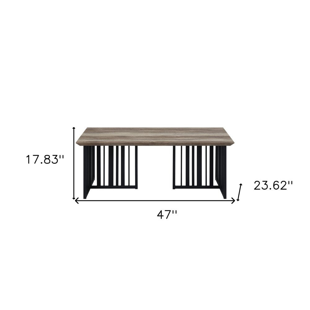 47" Oak and Black Wood And Metal Distressed Frame Coffee Table