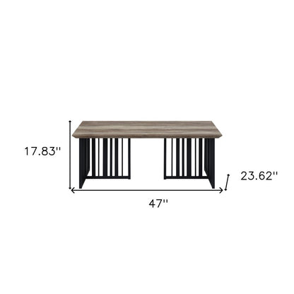 47" Oak and Black Wood And Metal Distressed Frame Coffee Table