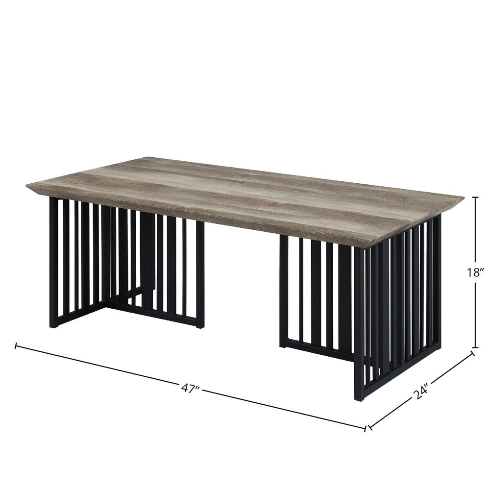 47" Oak and Black Wood And Metal Distressed Frame Coffee Table
