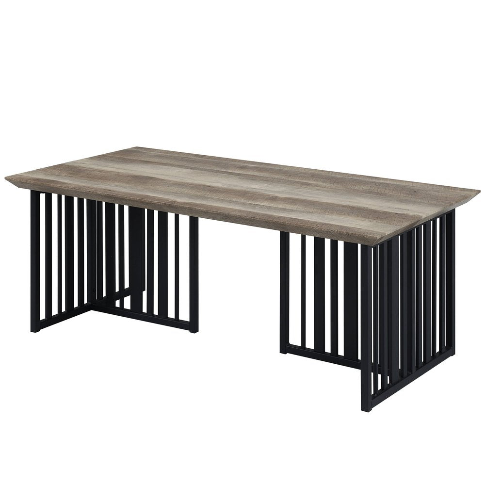 47" Oak and Black Wood And Metal Distressed Frame Coffee Table