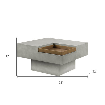 32" Gray Cement Square Distressed Pedestal Coffee Table