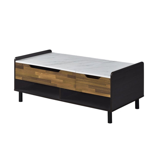 47" White Black and Brown Faux Marble And Wood Lift Top Coffee Table With Drawer And Two Shelves