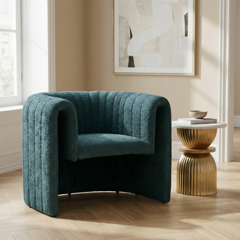 37" Aquamarine Sherpa And Upholstered Tufted Arm Chair