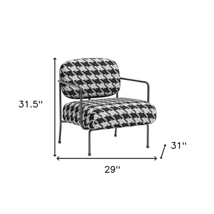 29" Black And White And Black Upholstered Houndstooth Arm Chair