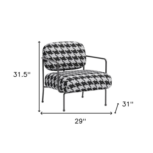 29" Black And White And Black Upholstered Houndstooth Arm Chair