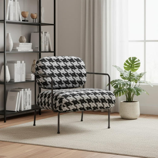 29" Black And White And Black Upholstered Houndstooth Arm Chair