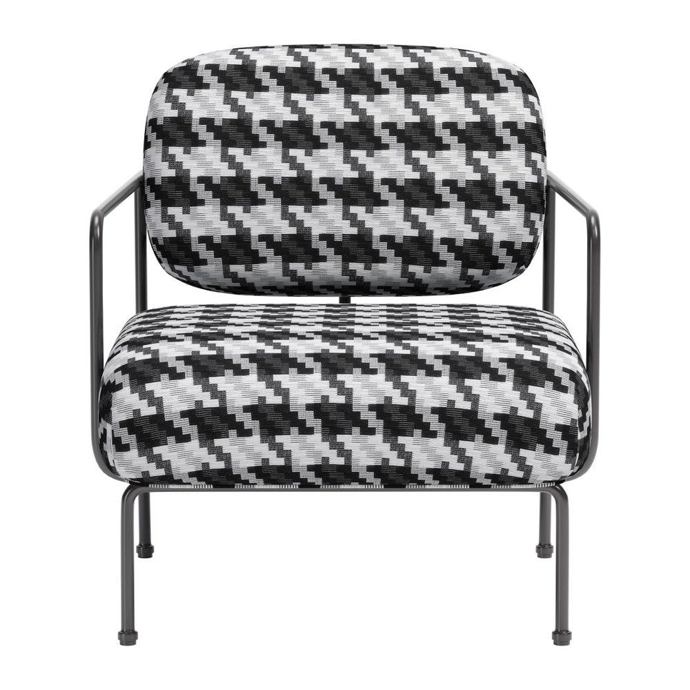 29" Black And White And Black Upholstered Houndstooth Arm Chair