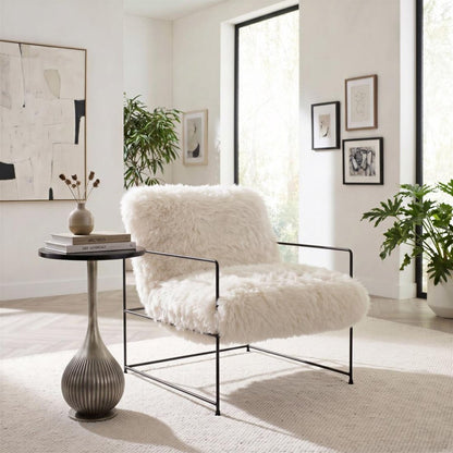 30" White And Black Sherpa And Upholstered Arm Chair