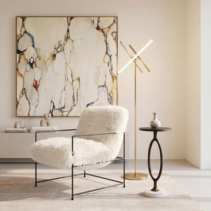 30" White And Black Sherpa And Upholstered Arm Chair