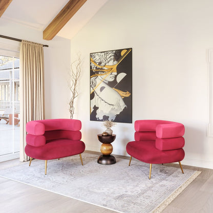 41" Red And Gold Velvet And Upholstered Arm Chair