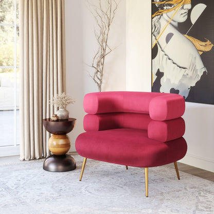 41" Red And Gold Velvet And Upholstered Arm Chair