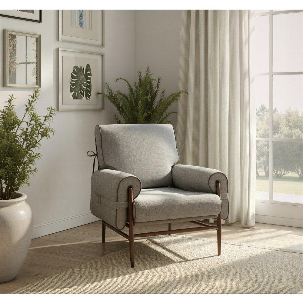34" Gray And Brown Upholstered Arm Chair