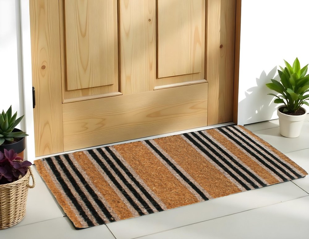 18" X 48" Brown and Black Coir Striped Outdoor Door Mat